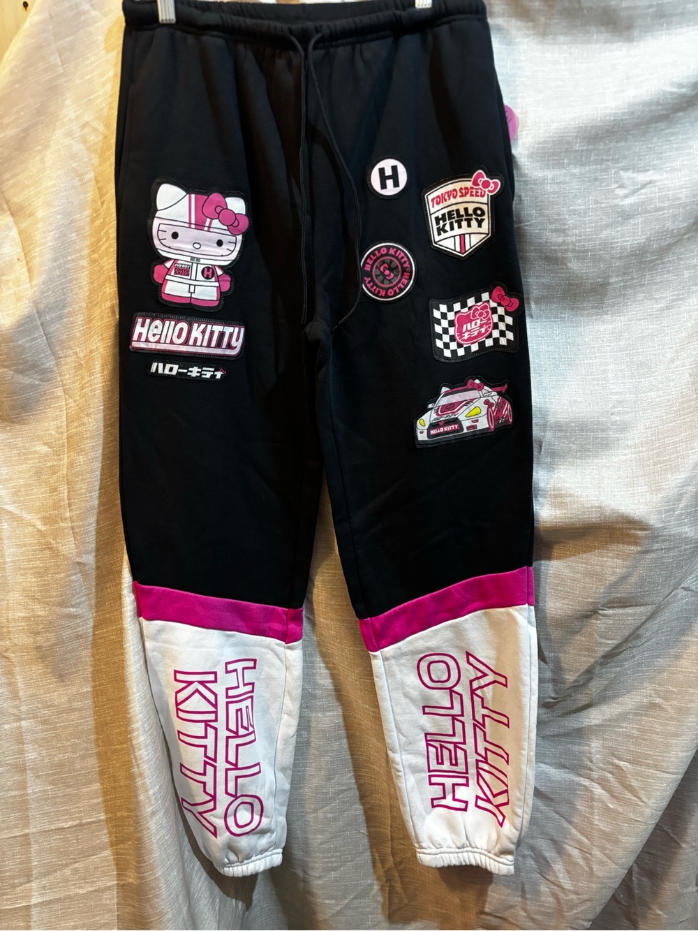 Hello Kitty Black, White & Pink Track Joggers with Racing Patches